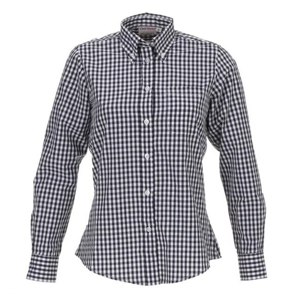 Chef Works 2XL Navy White Gingham Dress Shirt W500 BWK Womens Long Sleeve - Picture 1 of 5